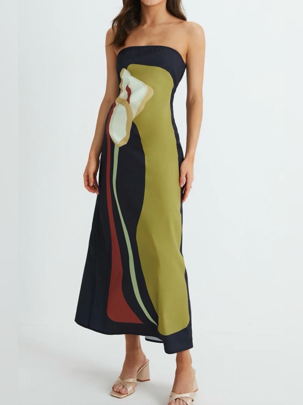 Commense Floral Print Split Tube Long Dress -XS